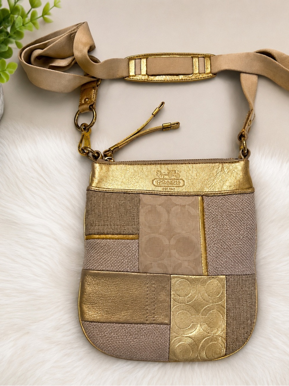 Coach Ali Metallic Gold Patchwork Crossbody Swing Pack